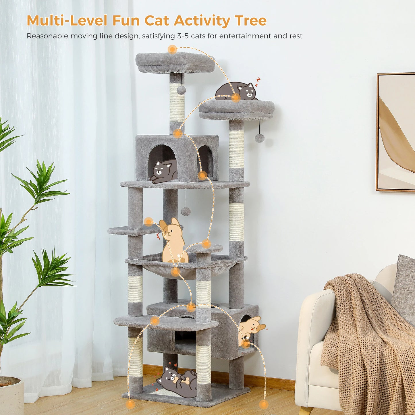 "Large Multi-Level Cat Tower – Cat Tree with Sisal Scratching Posts, Cozy Hammocks, and Spacious Condo Perch for Indoor Cats"