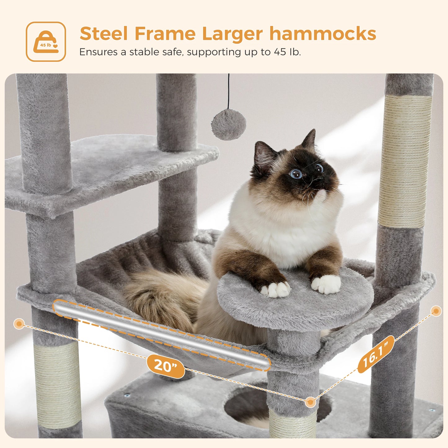 "Large Multi-Level Cat Tower – Cat Tree with Sisal Scratching Posts, Cozy Hammocks, and Spacious Condo Perch for Indoor Cats"