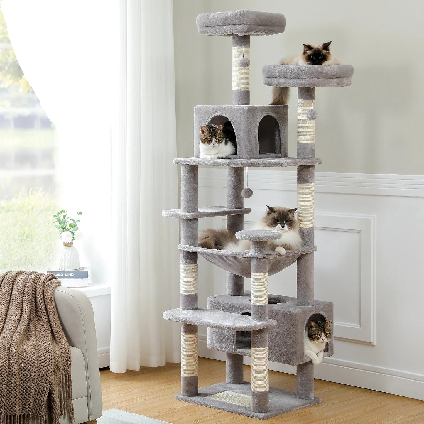 "Large Multi-Level Cat Tower – Cat Tree with Sisal Scratching Posts, Cozy Hammocks, and Spacious Condo Perch for Indoor Cats"