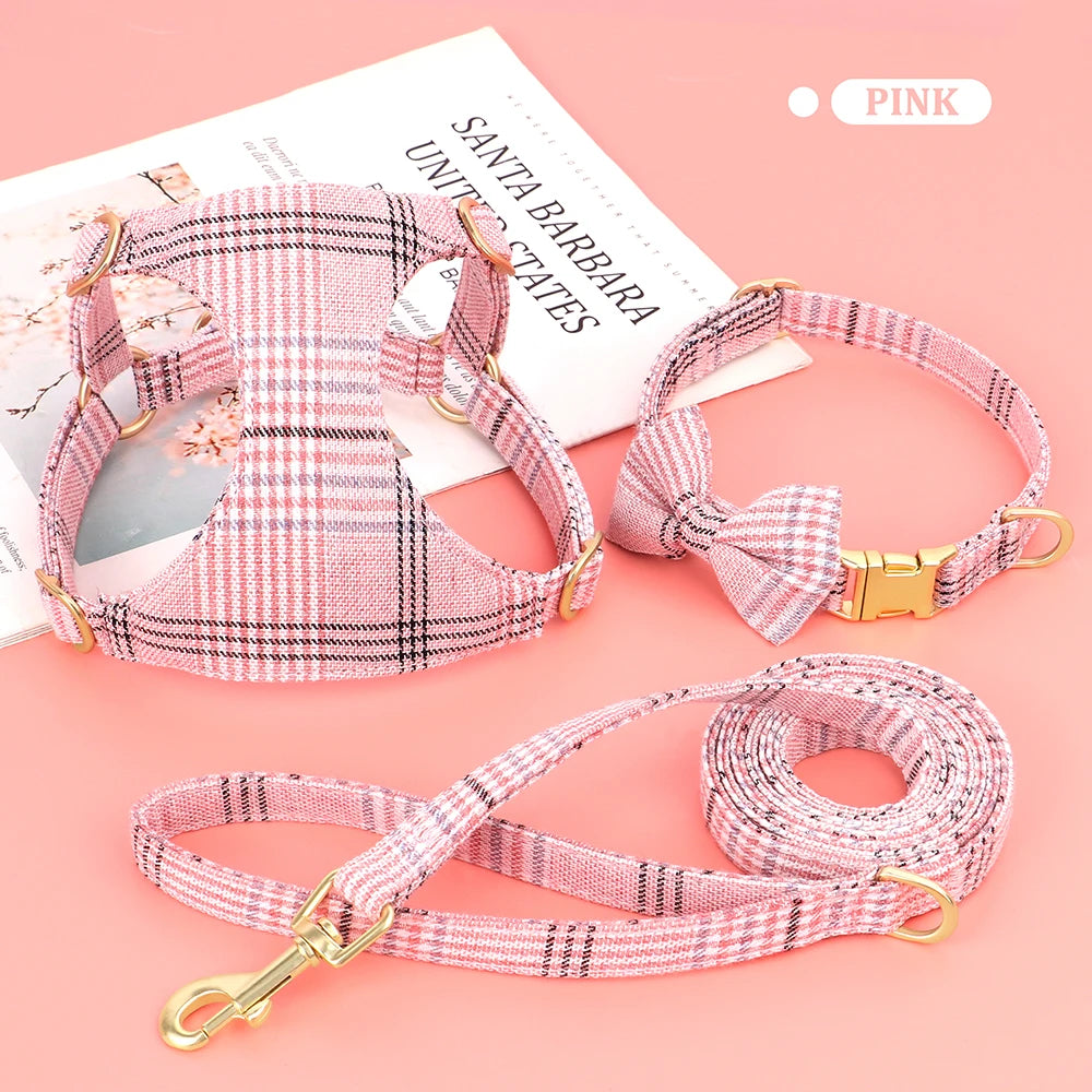 "Adjustable Bowknot Dog Harness and Collar Set with Leash - Comfortable Nylon Gear for Small and Medium Dogs"