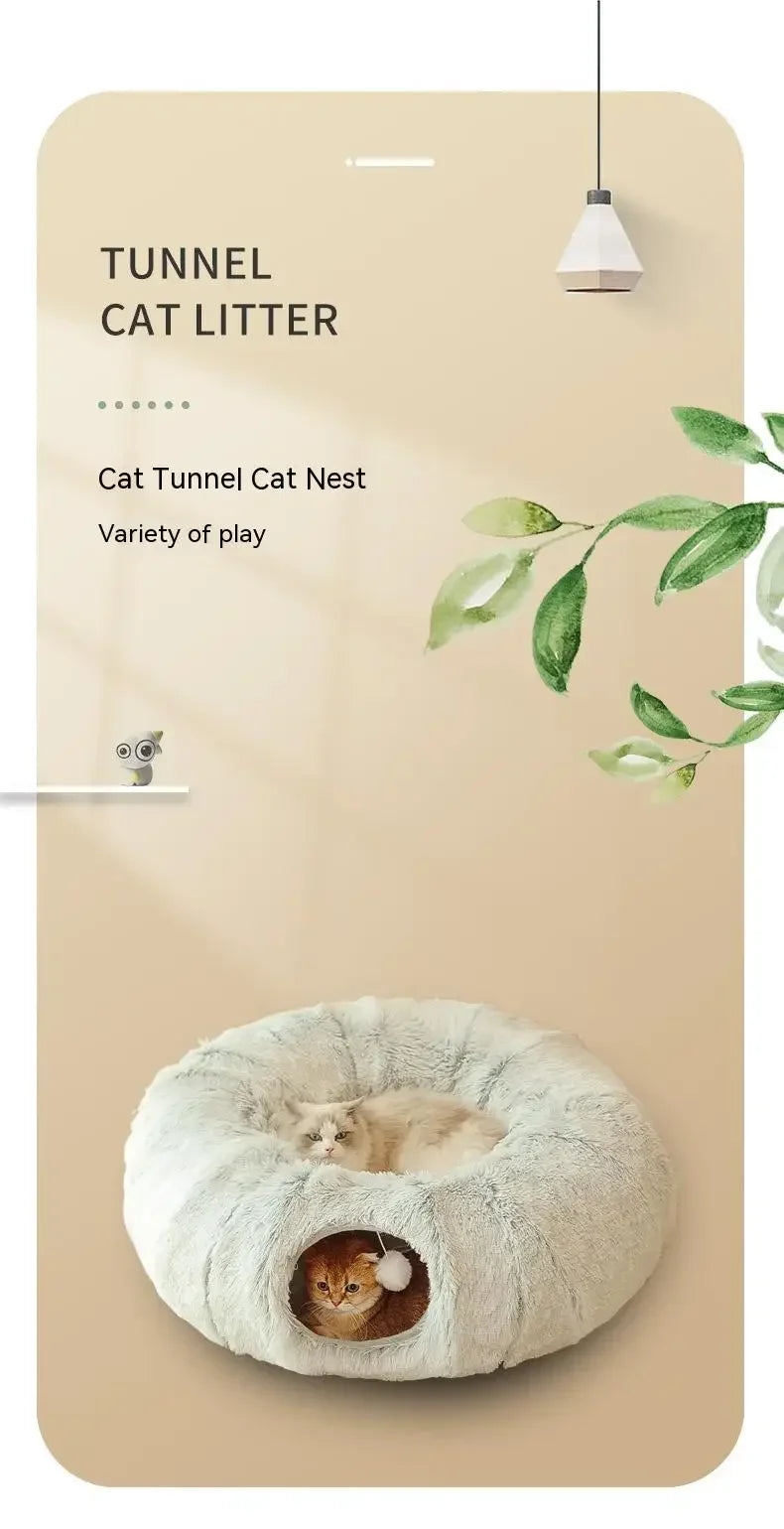 "Interactive Fluffy Cat Hideaway Bed with Tunnel - Donut Bed with Play Tunnel & Peephole"