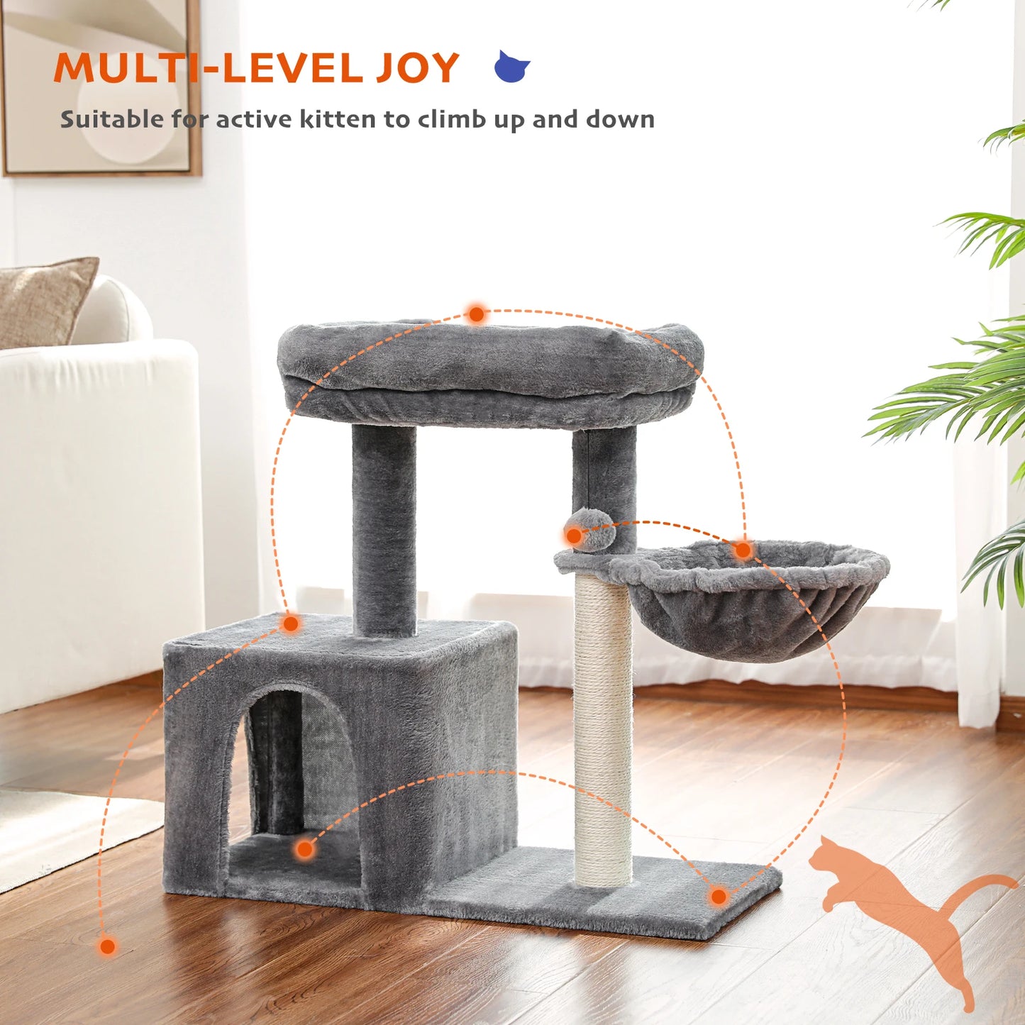 "Small Cat Tree Condo with Sisal Scratching  Indoor Cat Tower with Large Perch & Cozy Hammock for Kittens"