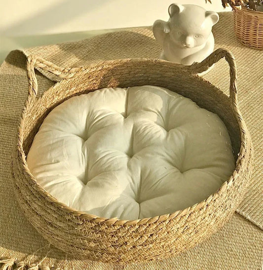 "Unique Woven Rattan Cat Bed with Removable Upholstery – Washable Four Seasons Pet House"