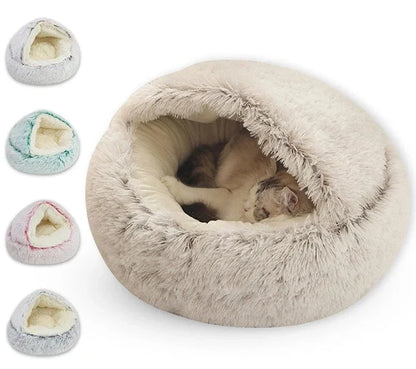 "Cozy Round Cat & Dog Sleeping Nest with Cover - Soft Plush Pet Bed for Small Pets"