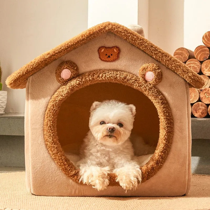 "Teddy Bear-Inspired Pet Cave Bed – Ultra-Warm, Foldable, and Washable for Cats & Small Dogs"