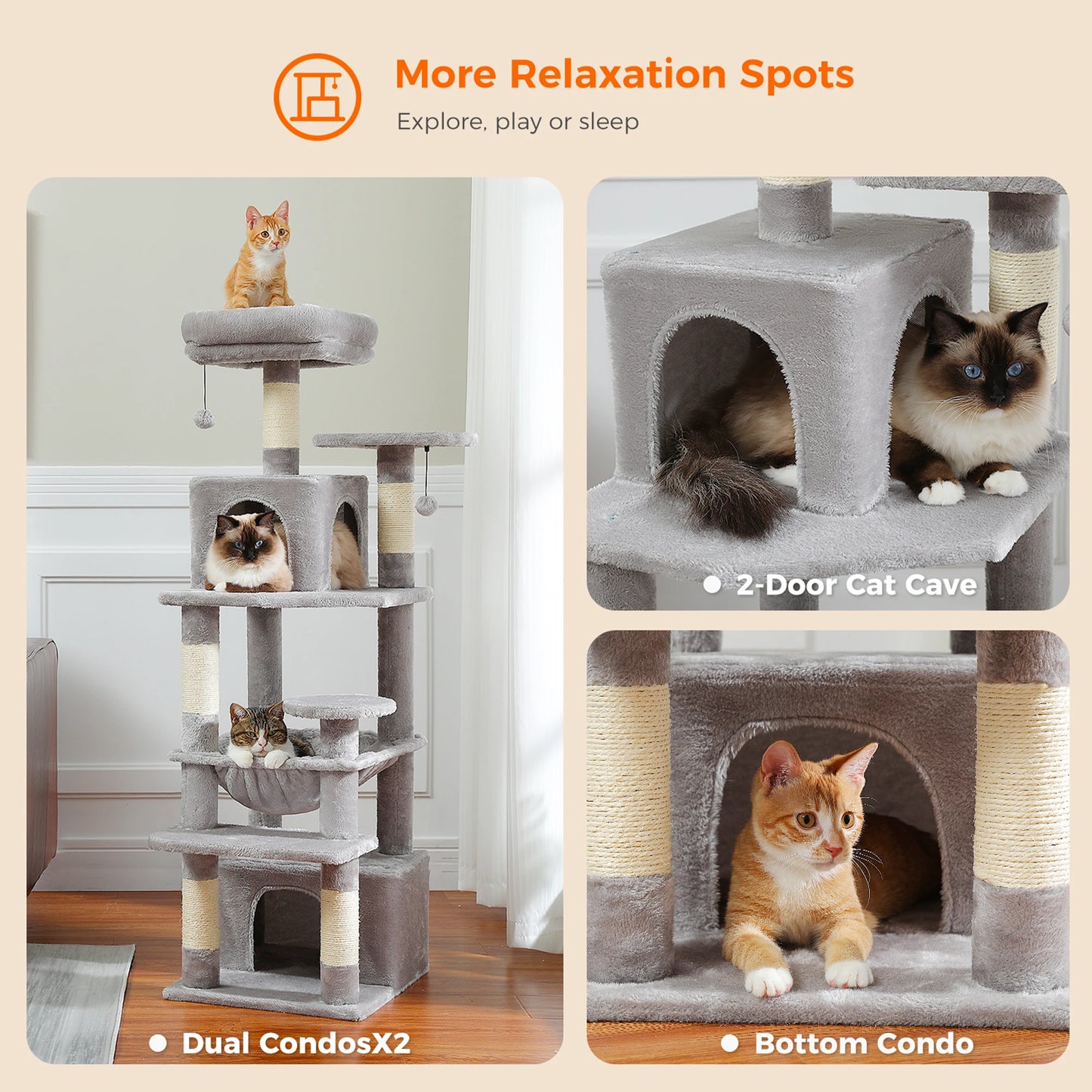 "Large Multi-Level Cat Tower – Cat Tree with Sisal Scratching Posts, Cozy Hammocks, and Spacious Condo Perch for Indoor Cats"