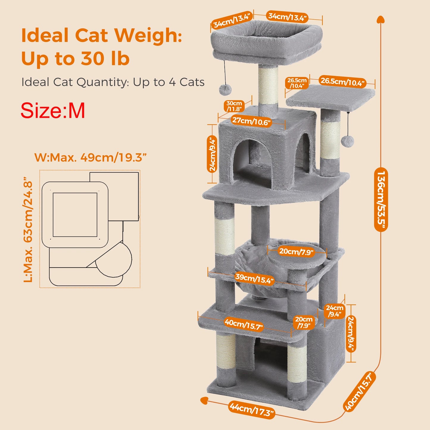 "Large Multi-Level Cat Tower – Cat Tree with Sisal Scratching Posts, Cozy Hammocks, and Spacious Condo Perch for Indoor Cats"