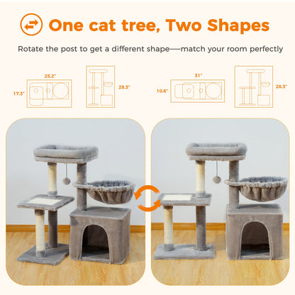 "Cat Tree Tower for Indoor Cats – 2 Styles with Scratching Posts, Large Hammock & Removable Perch, Grey"