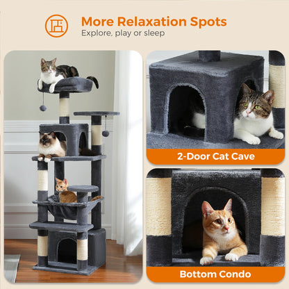 "Large Multi-Level Cat Tower – Cat Tree with Sisal Scratching Posts, Cozy Hammocks, and Spacious Condo Perch for Indoor Cats"