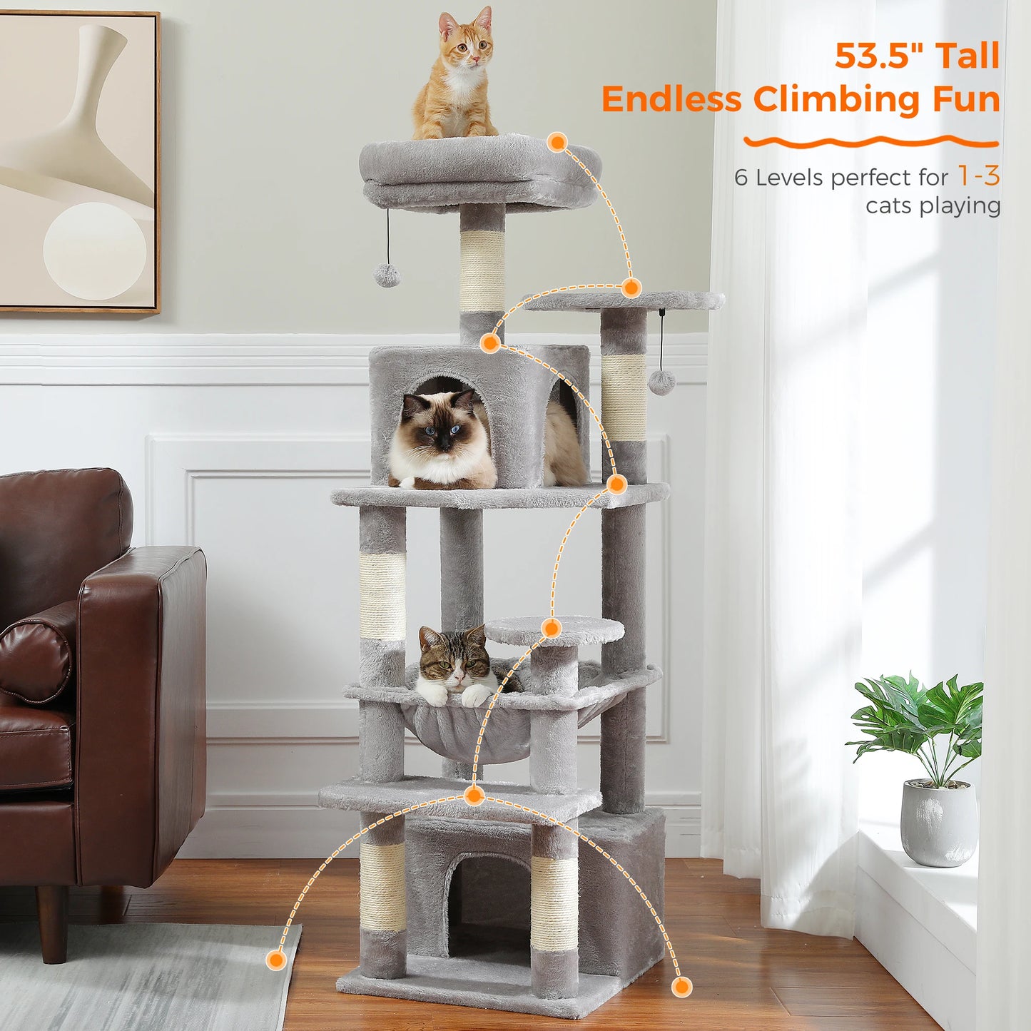 "Large Multi-Level Cat Tower – Cat Tree with Sisal Scratching Posts, Cozy Hammocks, and Spacious Condo Perch for Indoor Cats"