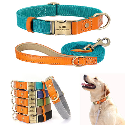 "Personalized Nylon & Leather Dog Collar & Leash Set – Custom Nameplate ID Tag, Stylish Colors"