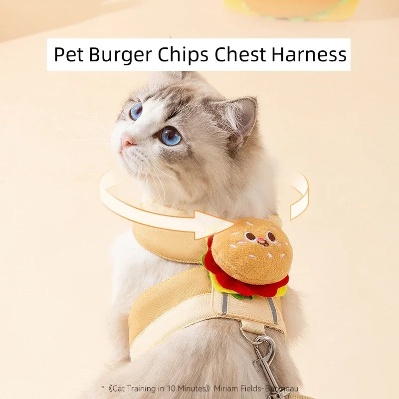 "Cute Cartoon Pet Harness & Leash Set | Escape-Proof Vest with Hamburger & Chips Design for Cats & Small Dogs"