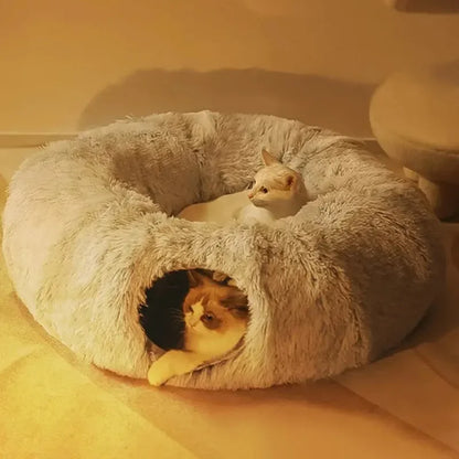 "Interactive Fluffy Cat Hideaway Bed with Tunnel - Donut Bed with Play Tunnel & Peephole"