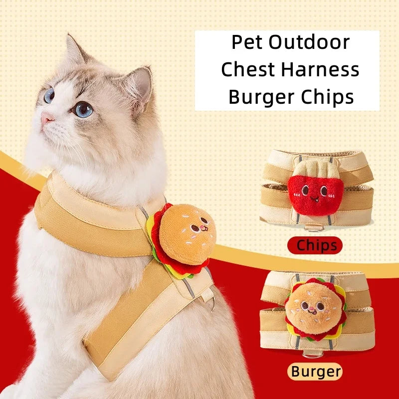 "Cute Cartoon Pet Harness & Leash Set | Escape-Proof Vest with Hamburger & Chips Design for Cats & Small Dogs"