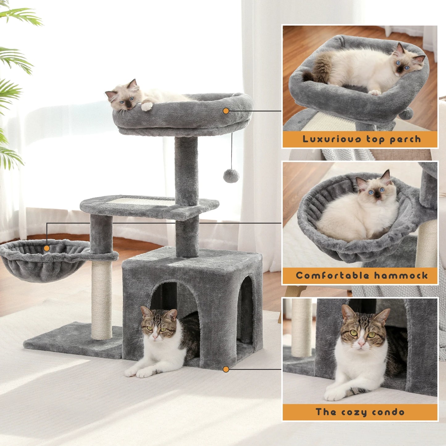 "Small Cat Tree Condo with Sisal Scratching  Indoor Cat Tower with Large Perch & Cozy Hammock for Kittens"