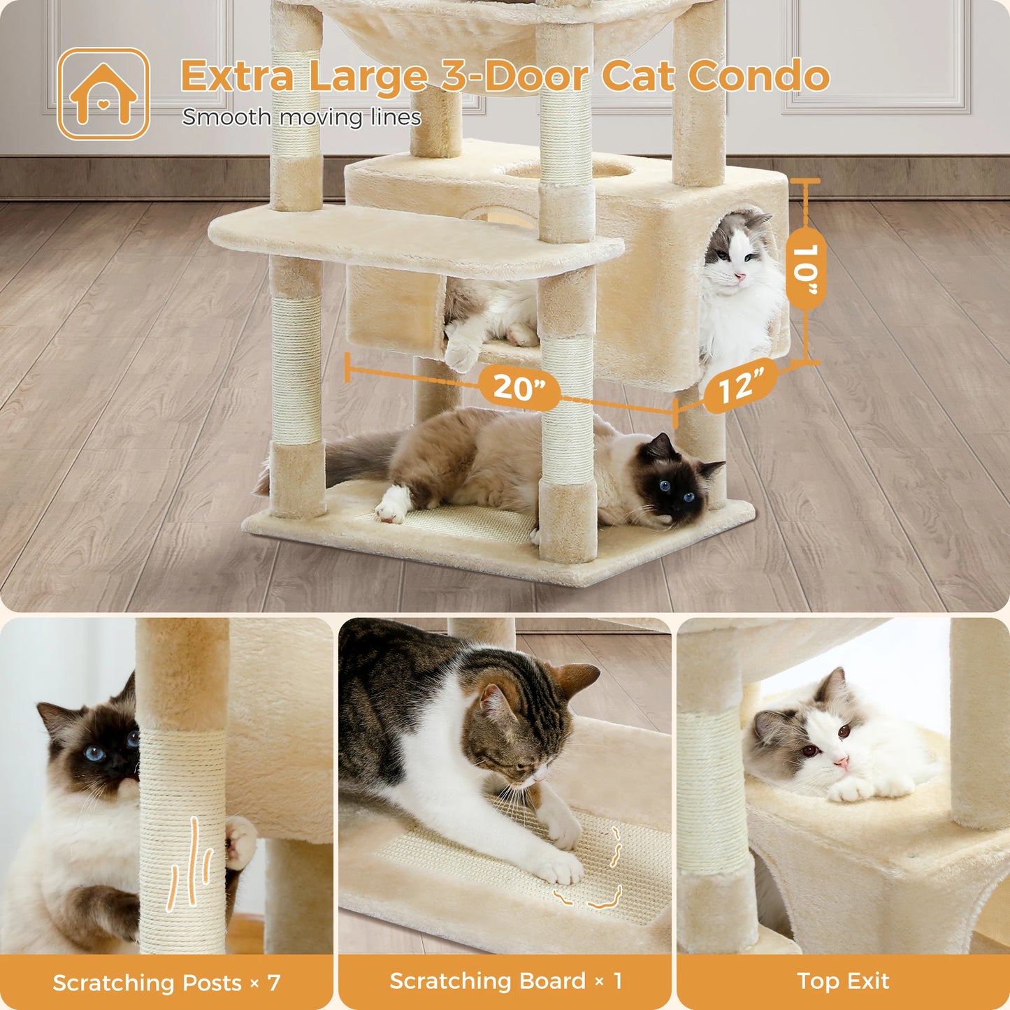 "Large Multi-Level Cat Tower – Cat Tree with Sisal Scratching Posts, Cozy Hammocks, and Spacious Condo Perch for Indoor Cats"