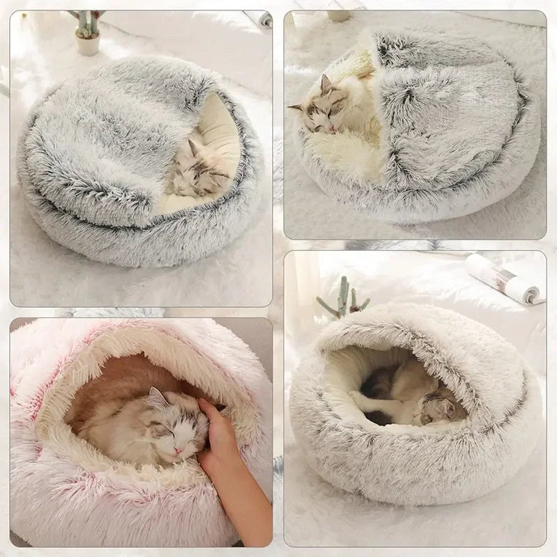 "Cozy Round Cat & Dog Sleeping Nest with Cover - Soft Plush Pet Bed for Small Pets"