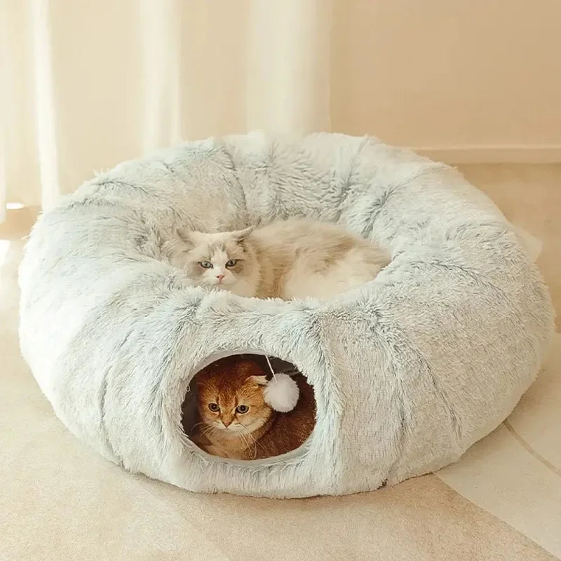 "Interactive Fluffy Cat Hideaway Bed with Tunnel - Donut Bed with Play Tunnel & Peephole"