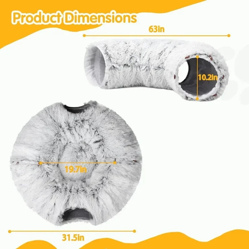 "Interactive Fluffy Cat Hideaway Bed with Tunnel - Donut Bed with Play Tunnel & Peephole"