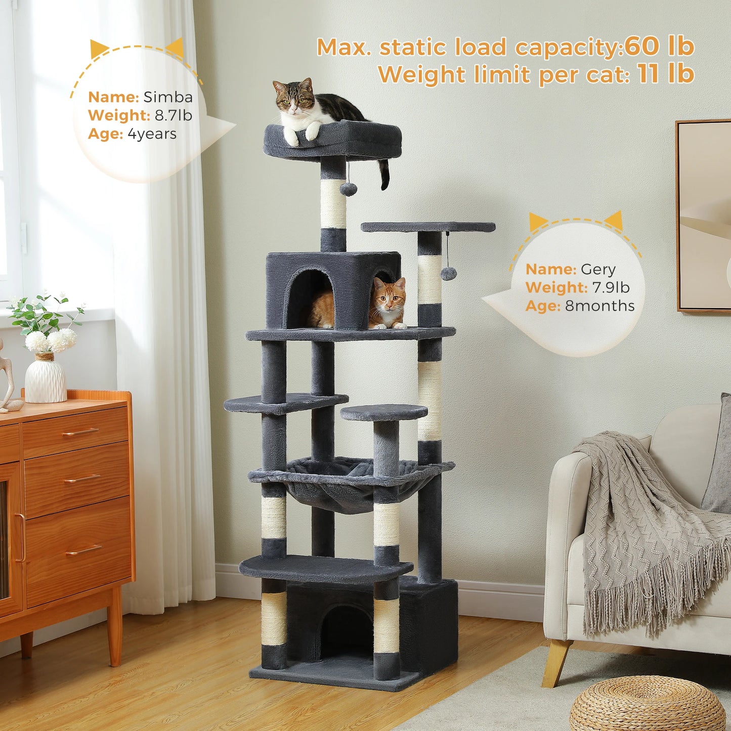 "Large Multi-Level Cat Tower – Cat Tree with Sisal Scratching Posts, Cozy Hammocks, and Spacious Condo Perch for Indoor Cats"