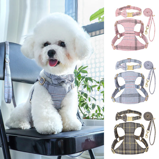 "Adjustable Bowknot Dog Harness and Collar Set with Leash - Comfortable Nylon Gear for Small and Medium Dogs"