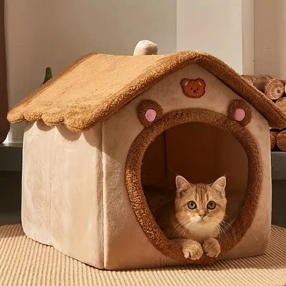 "Teddy Bear-Inspired Pet Cave Bed – Ultra-Warm, Foldable, and Washable for Cats & Small Dogs"