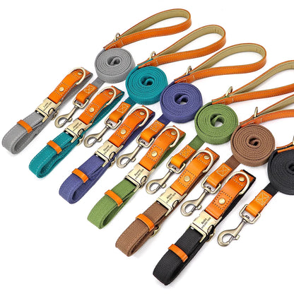 "Personalized Nylon & Leather Dog Collar & Leash Set – Custom Nameplate ID Tag, Stylish Colors"