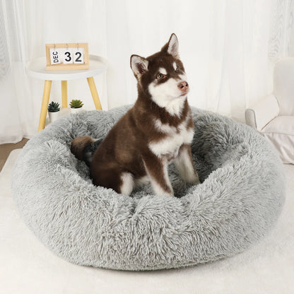 "Large Donut Plush Dog Bed – Fluffy, Washable Pet Basket for Small to Large Dogs & Cats"