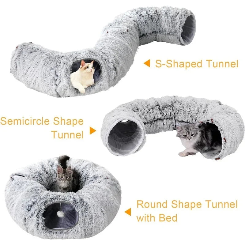 "Interactive Fluffy Cat Hideaway Bed with Tunnel - Donut Bed with Play Tunnel & Peephole"