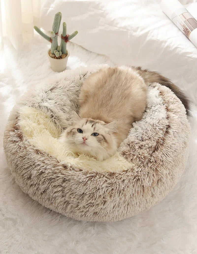 "Cozy Round Cat & Dog Sleeping Nest with Cover - Soft Plush Pet Bed for Small Pets"