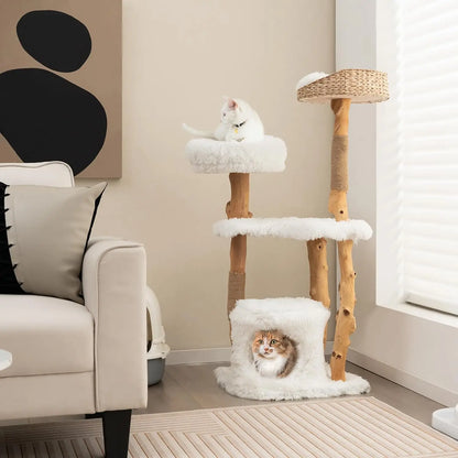 "Multi-Level Cat Tree Tower for Indoor Cats – Solid Wood Modern Cat Condo with Top Cattail Basket, Large Platforms & Stable Structure"