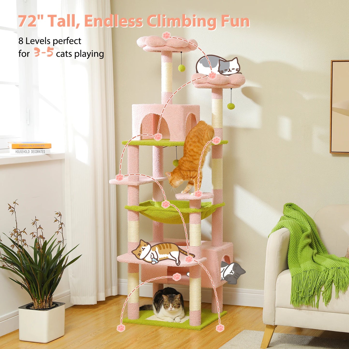 "Large Multi-Level Cat Tower – Cat Tree with Sisal Scratching Posts, Cozy Hammocks, and Spacious Condo Perch for Indoor Cats"