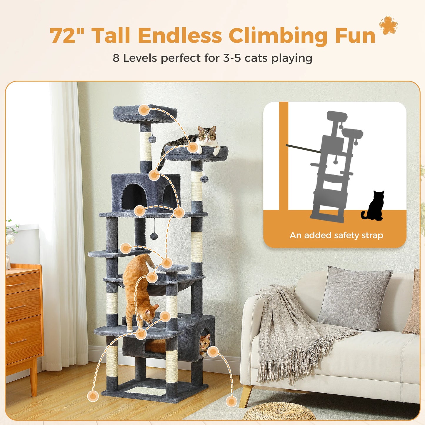 "Large Multi-Level Cat Tower – Cat Tree with Sisal Scratching Posts, Cozy Hammocks, and Spacious Condo Perch for Indoor Cats"