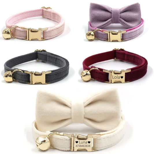 "Personalized Velvet Collar with Engraved ID Tag, Bell, & Bow Tie – Custom Collar for Cats & Small Dogs"