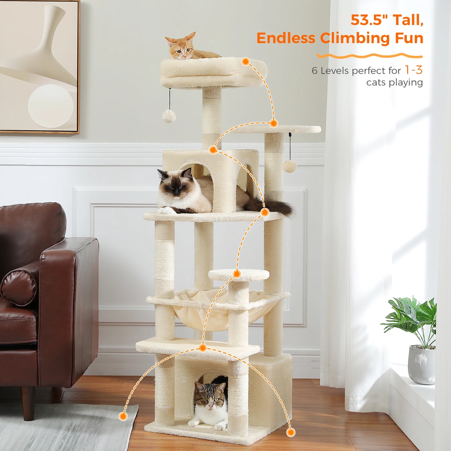 "Large Multi-Level Cat Tower – Cat Tree with Sisal Scratching Posts, Cozy Hammocks, and Spacious Condo Perch for Indoor Cats"